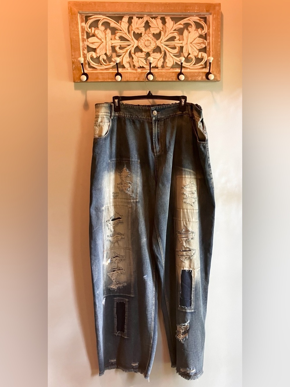 Faded Wash, Patched Denim Jeans Oversized fit. NWT XL